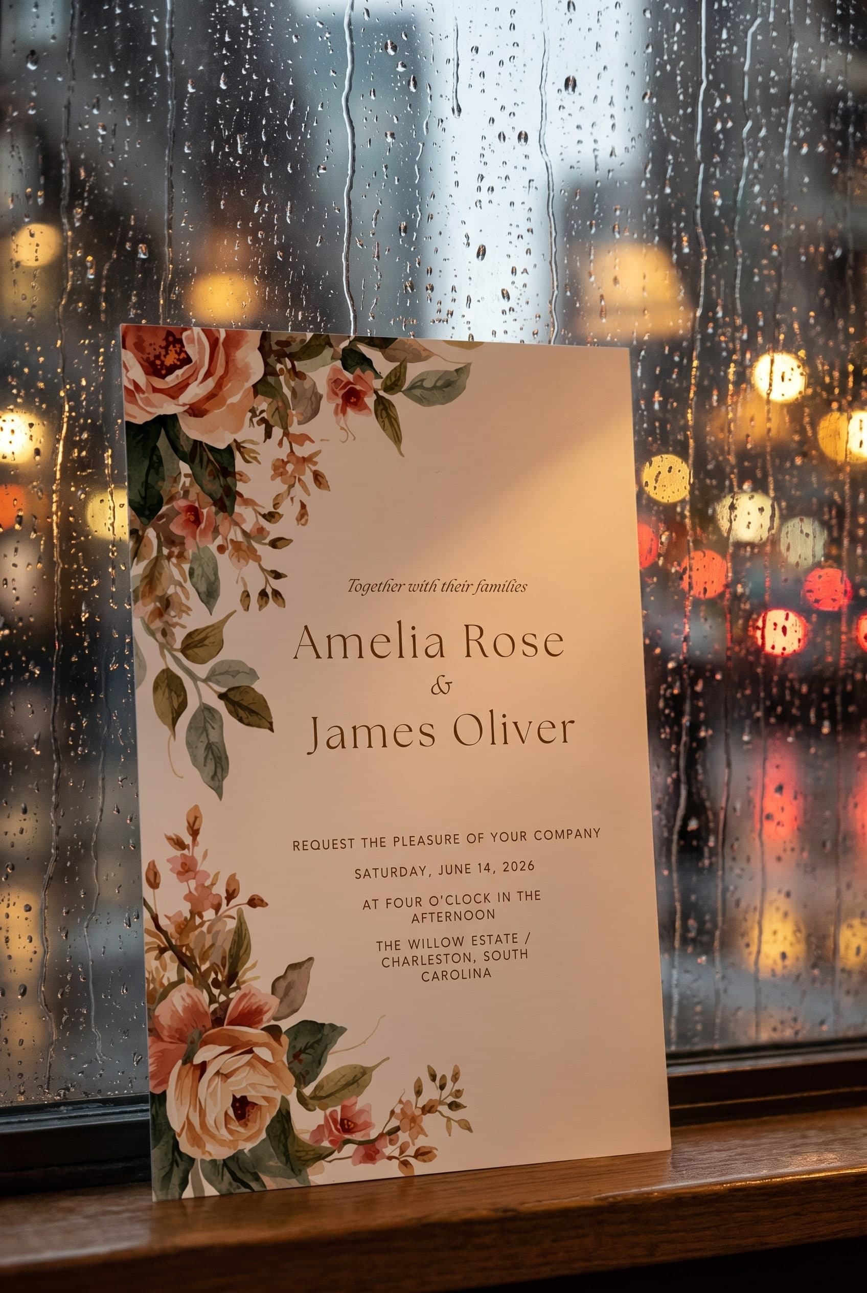 Asymmetric Corner Botanicals invitation rainy window lifestyle