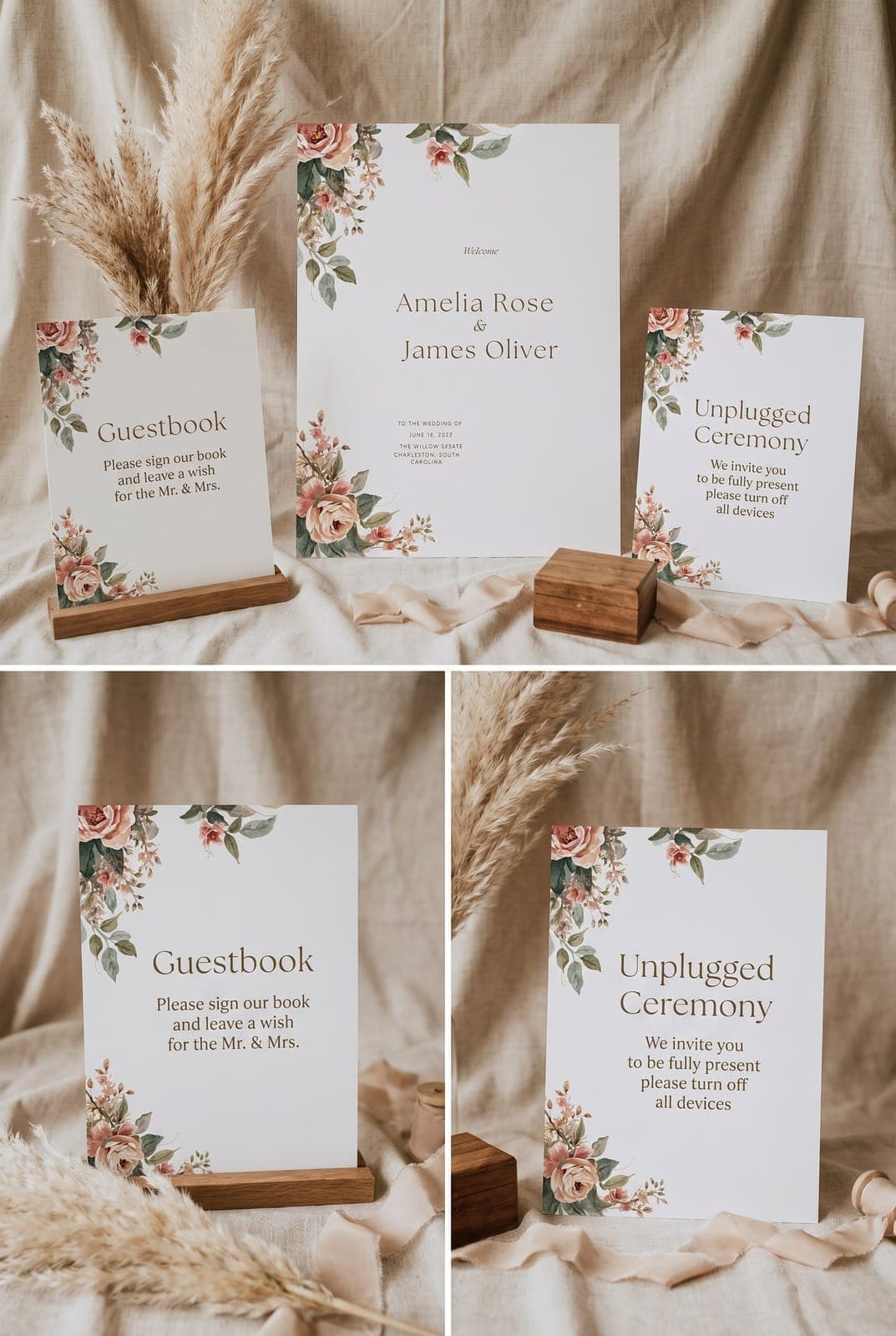 Asymmetric Corner Botanicals day-of wedding signs collage