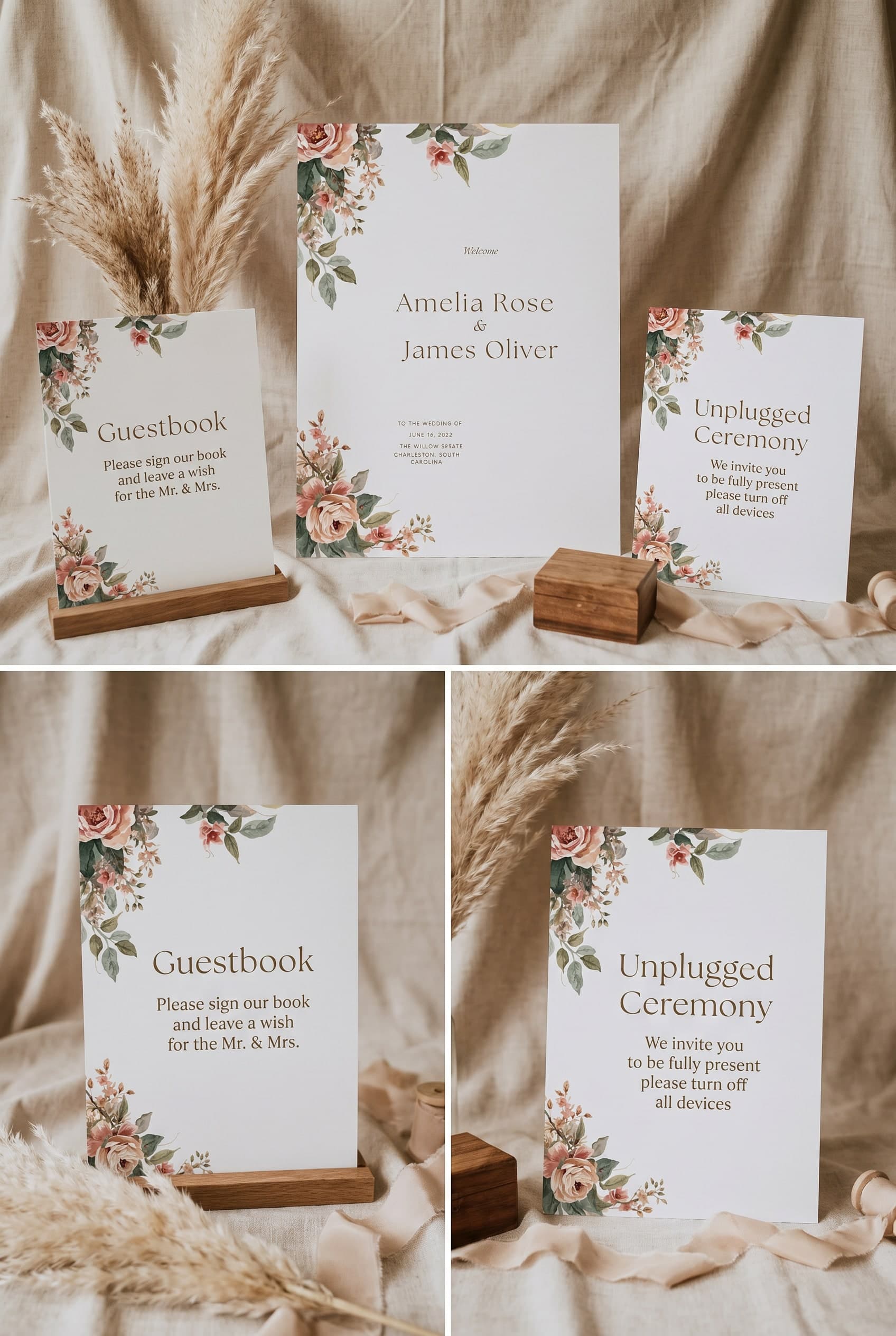 Asymmetric Corner Botanicals day-of wedding signs collage