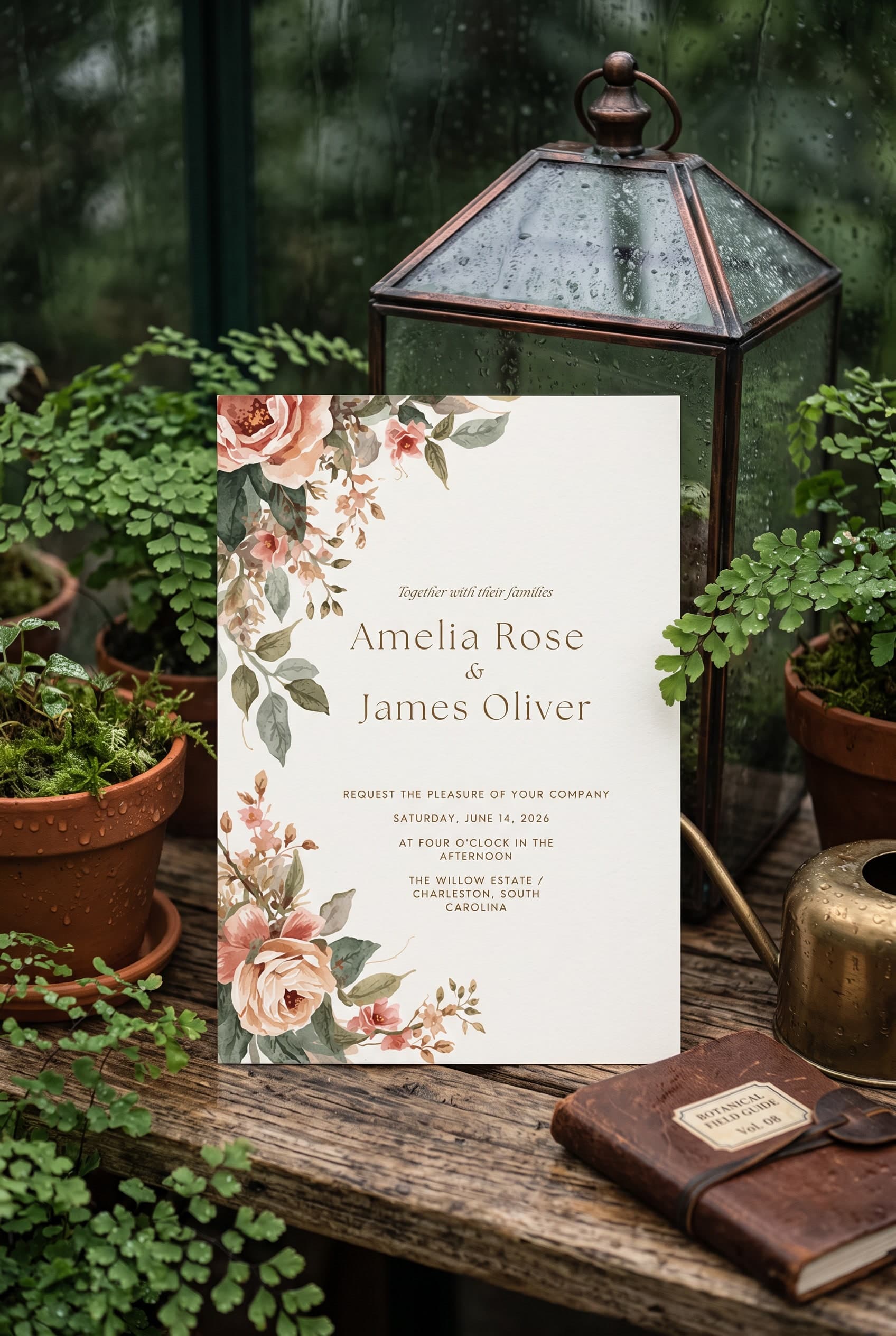 Asymmetric Corner Botanicals invitation suite flat lay