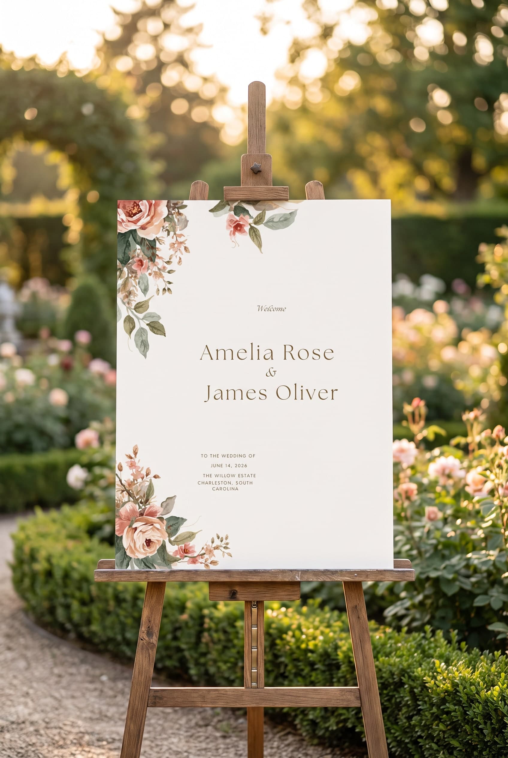 Asymmetric Corner Botanicals wedding welcome sign