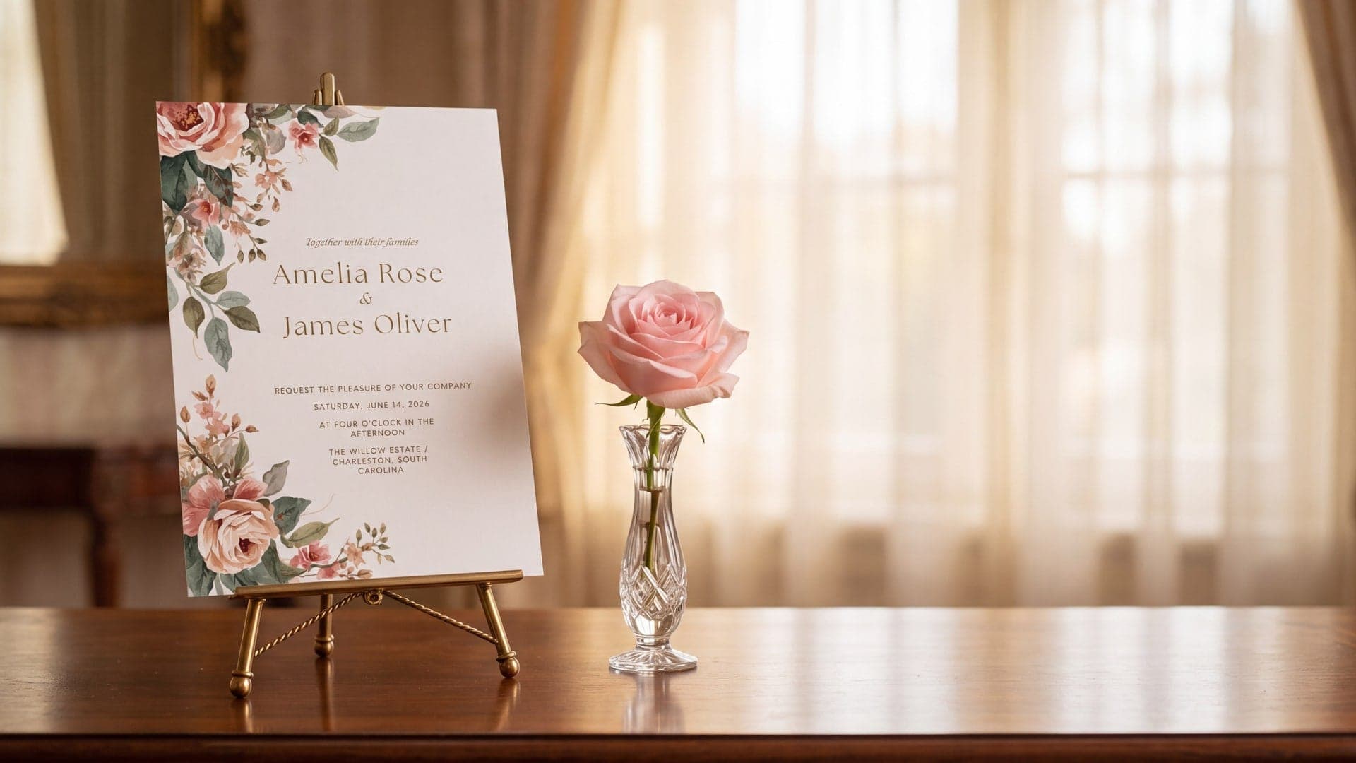 Asymmetric Corner Botanicals wedding invitation displayed on an easel