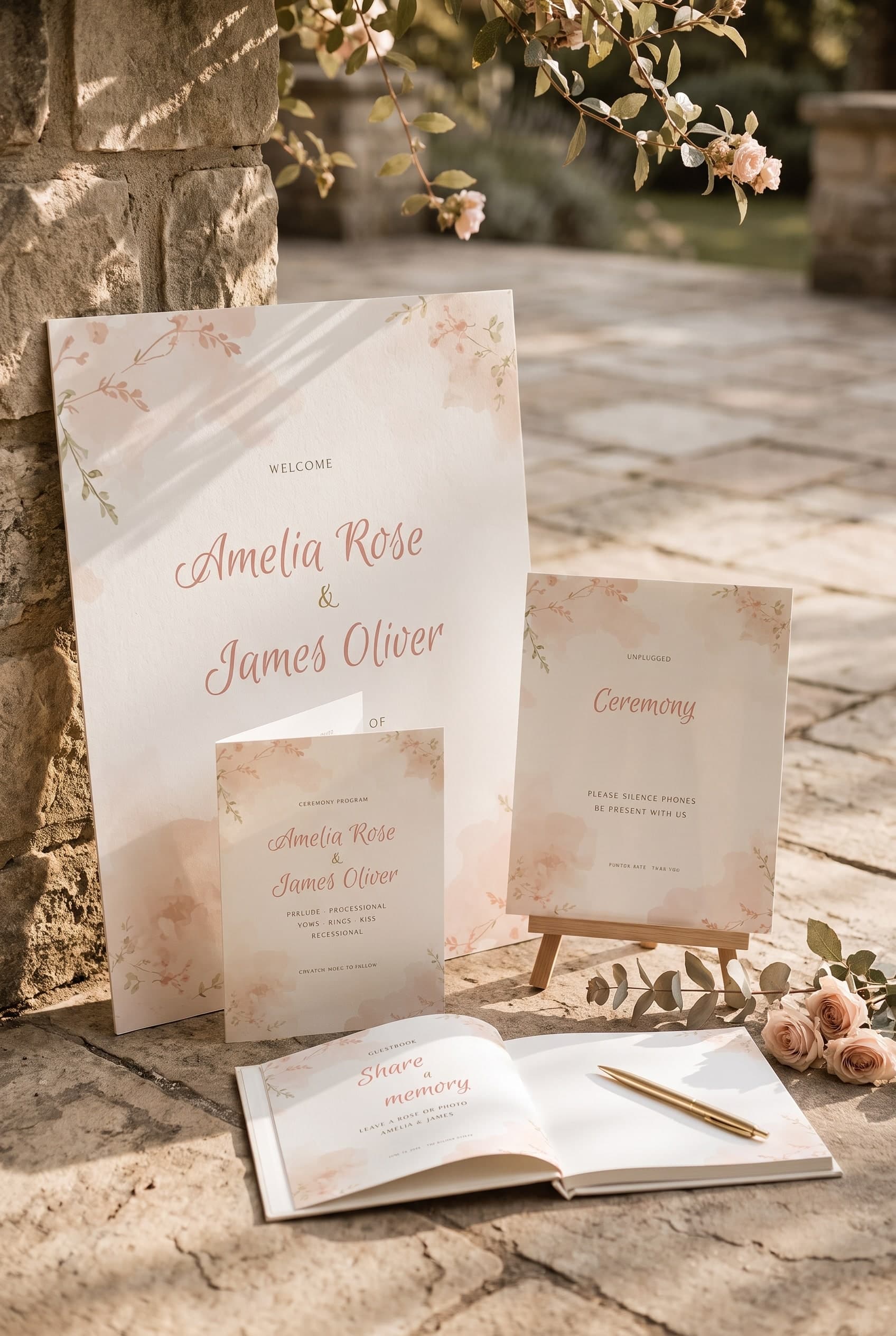 Blush Watercolor Wash day-of wedding signs collage