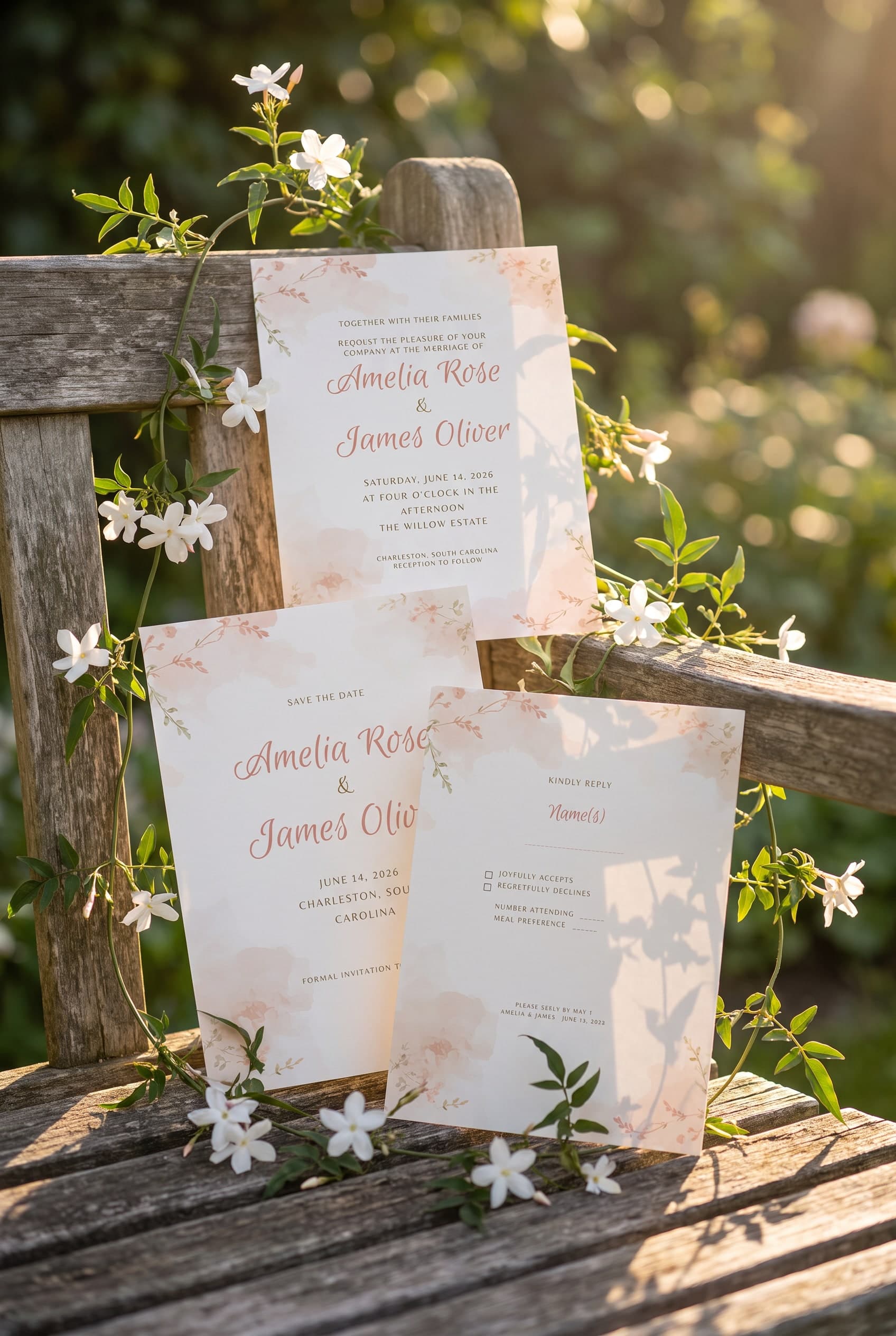 Blush Watercolor Wash invitation suite flat lay